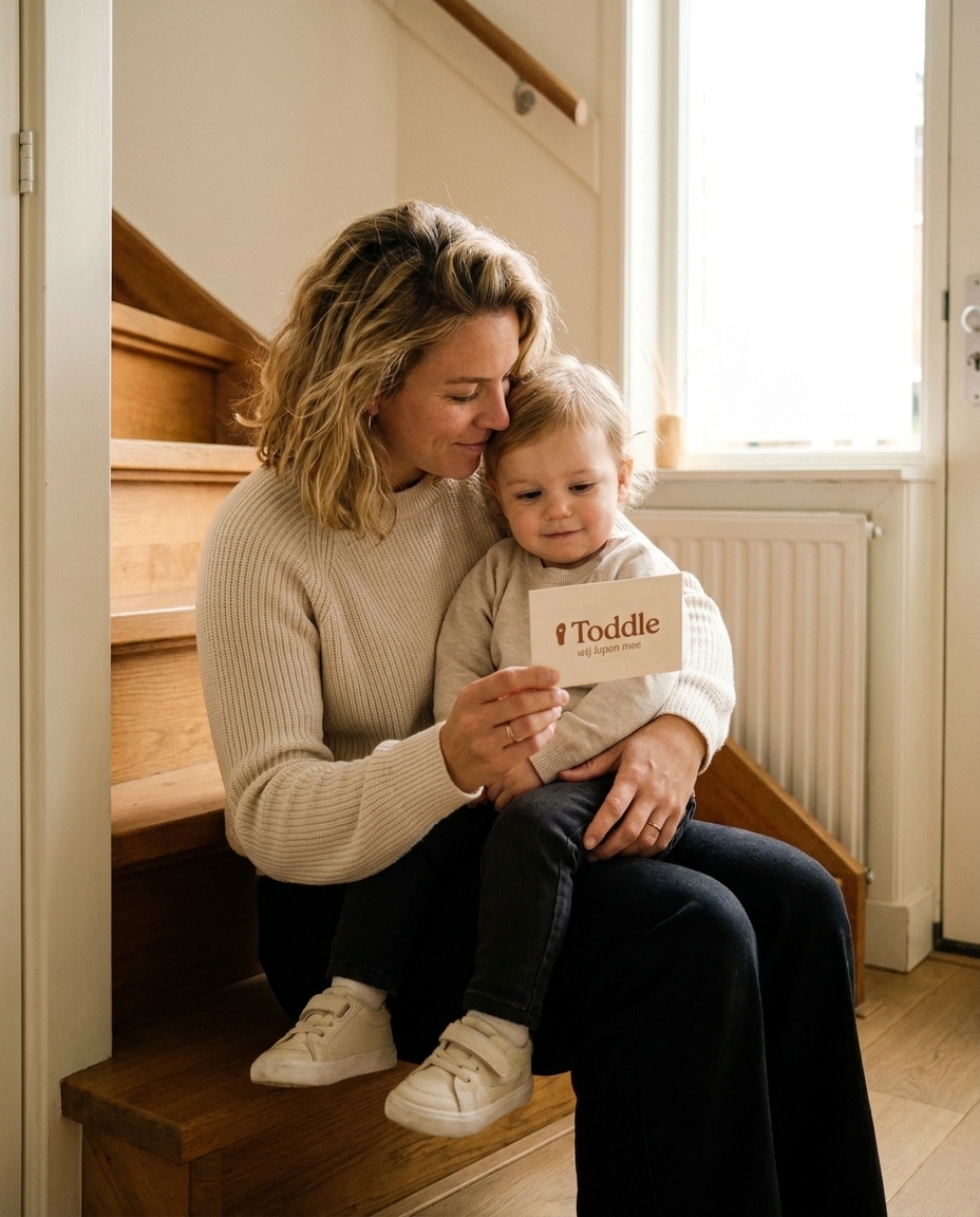 Mama en kind lezen samen het Toddle-kaartje op de trap